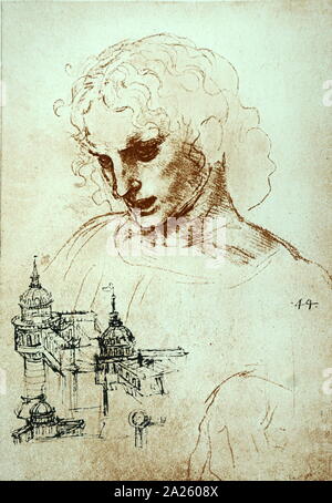 Disegno di ST. Giacomo il Maggiore (studio per l ultima cena), angolo inferiore sinistro : il castello Sforzesco di Milano. Gesso rosso e penna e inchiostro, 1495-96. da Leonardo da Vinci (1452-1519), artista italiano e polymath. Foto Stock