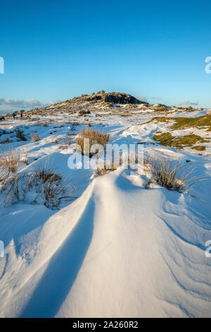 Cheesewring; nella neve; Cornovaglia; Regno Unito Foto Stock