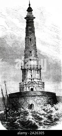 Una incisione raffigurante una torre faro di Cordouan, dove la Garonne sfocia nel golfo di Biscaglia. La costruzione è iniziata nel 1584 e terminata nel 1610. Inizialmente, un fuoco di legno di quercia è stata mantenuta la masterizzazione della lanterna, ma nel 1717 il indebolito la muratura è stato rimosso, e nel 1727 un ferro da stiro a lanterna con un fuoco di carbone è entrato in uso. Datata del XIX secolo Foto Stock