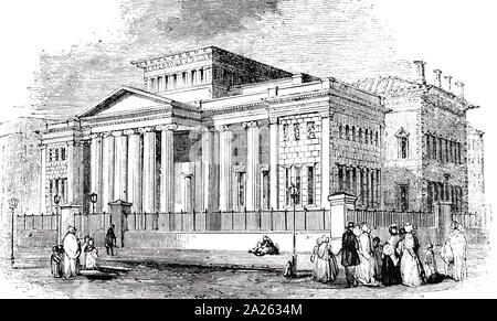 Una incisione raffigurante la parte esterna del Royal Manchester Istituzione. Datata del XIX secolo Foto Stock