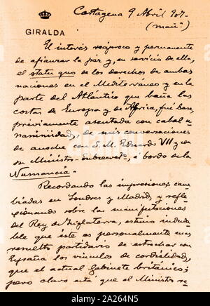 Note prese da Don Antonio Maura, a bordo del Royal Yacht Qiralda, nella baia di Cartam dopo i colloqui tenuti dal Re Alfonso XIII con re Edoardo VII, risultante in un patto di Cartagena (aprile 1907) Foto Stock