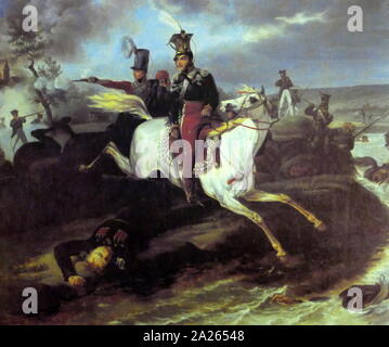 La morte del principe Giuseppe Poniatowski alla battaglia di Lipsia. Da Orazio Vernet. Il principe Giuseppe Poniatowski (1763-1813) è stato ucciso nella battaglia delle nazioni a Lipsia, il 19 ottobre 1813 Foto Stock