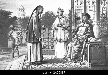 Una incisione raffigurante un uomo cinese di fumare una tubazione, dava udienza a un uomo con una coda di cavallo. Datata del XIX secolo Foto Stock