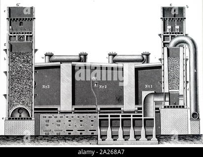 Una incisione raffigurante la produzione di acido solforico in camere di piombo. Datata del XIX secolo Foto Stock