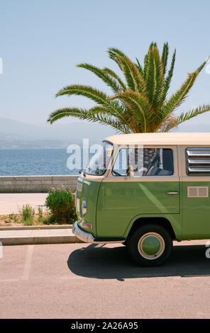 Un retro vintage classic VW T2 Camper Van dipinte di verde e bianco sulla costa accanto a un albero di palma in estate Foto Stock