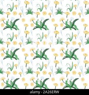 Modello senza cuciture con fiori, foglie e rami. Vettore infinite colorato sfondo floreale. L'elegante illustrazione per stampe di moda, tessuto, rottami Illustrazione Vettoriale