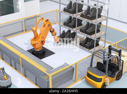 Robot mobili, payload pesanti cella robot e macchine CNC in smart factory. Il rendering 3D'immagine. Foto Stock