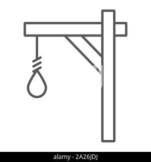 Gallows sottile linea icona, appendere e nodo, segno della fune, grafica vettoriale un modello lineare su uno sfondo bianco. Illustrazione Vettoriale