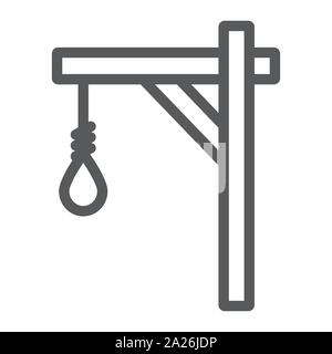 Gallows icona linea, appendere e nodo, segno della fune, grafica vettoriale un modello lineare su uno sfondo bianco. Illustrazione Vettoriale