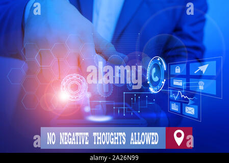 La grafia la scrittura di testo senza pensieri negativi ammessi. Foto concettuale sempre positivo motivato ispirato buone vibes maschio usura umana formale di tuta di lavoro Foto Stock