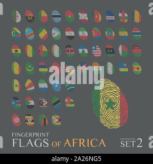 Set di 54 impronte digitali colorata con le bandiere nazionali dei paesi dell Africa. Imposta icona illustrazione vettoriale. Illustrazione Vettoriale
