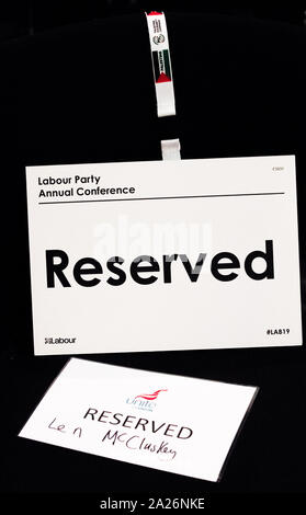 Posto a sedere riservato per Len McCluskey presso il Partito Laburista 2019 Conferenza annuale a Brighton, Inghilterra, Regno Unito Foto Stock