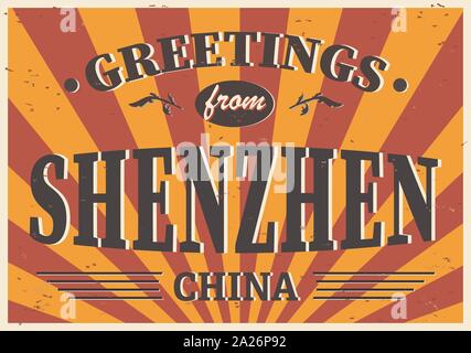 Cartolina con i saluti di testo da Shenzhen su bianco, vettore Illustrazione Vettoriale
