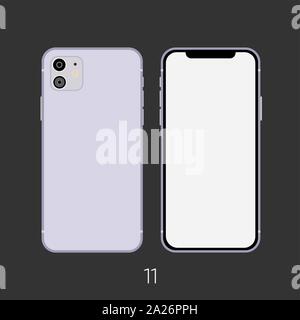 Nuovo smartphone 2019 modello rosa 11 isolati su nero. Illustrazione Vettoriale