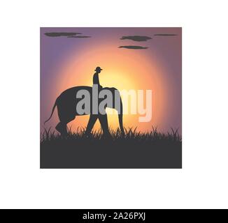 Elefante asiatico a piedi, grafica disign illustrazione vettoriale silhouette di luce sullo sfondo Illustrazione Vettoriale