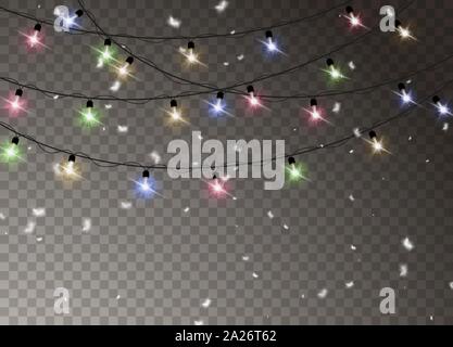 Set di luci di Natale isolato realistici elementi di design. Neve natalizia per il nuovo anno. Luci incandescenti per Natale cartoline vacanza, banner, poster, Illustrazione Vettoriale