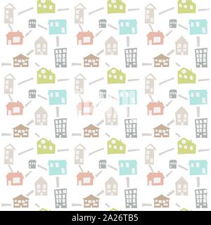 Scandinavian seamless pattern con disegnati a mano doodle case. Carino il vettore bambini doodle. Sfondo per ragazzi camera, holiday tessile, web design Illustrazione Vettoriale