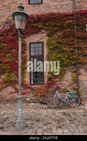 Bicicletta appoggiata contro l'edificio nella città di Copenaghen su un nuvoloso giorno di autunno, Danimarca Foto Stock