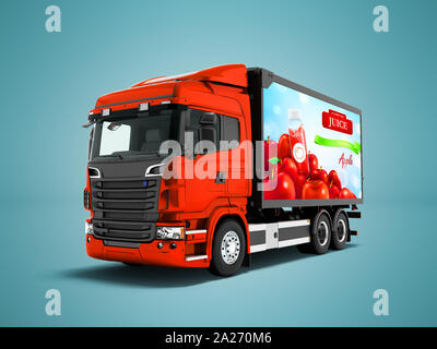 Moderno rosso camion con rimorchio per il trasporto di succhi di frutta 3D render su sfondo blu con ombra Foto Stock