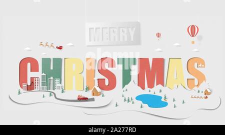 Buon Natale sfondo del paesaggio in carta tagliata stile. Illustrazione Vettoriale celebrazione di Natale con il paesaggio urbano e rurale. Illustrazione Vettoriale