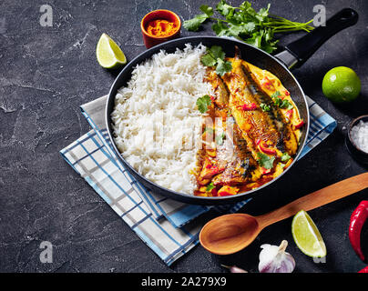 Close-up di pesce giallo curry, Panang curry con grigliate di Saba sgombro pesce servite con cotto a vapore il riso a grani lunghi in una padella su una tavola di cemento, v Foto Stock