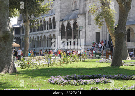 Piccolo giardino nel cortile in Moschea del Sultano Ahmed,, Istanbul, Turchia. Foto Stock