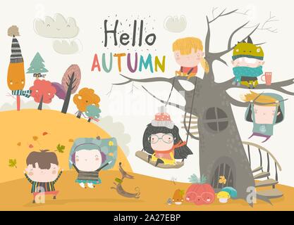 Felici i bambini che giocano nel parco d'autunno. Ciao autunno Illustrazione Vettoriale