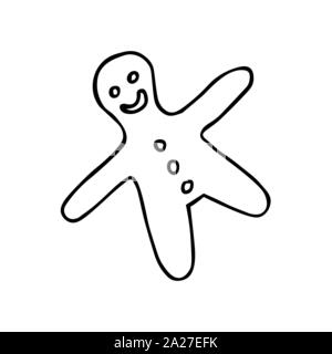 Gingerbead l'uomo. Contorno nero su sfondo bianco. Immagine può essere utilizzato nei periodi di Natale e Anno Nuovo biglietti di auguri, poster, volantini, banner, logo ecc. Illustrazione Vettoriale. EPS10 Illustrazione Vettoriale