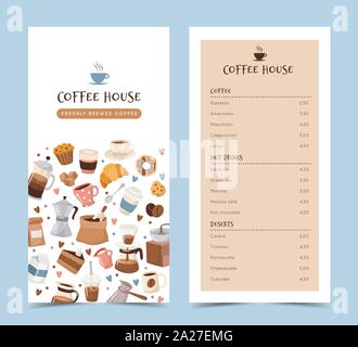Menu di caffè modello con diversi elementi di caffè. Cartoon carino icone nella mano stile disegnato. Illustrazione Vettoriale Illustrazione Vettoriale