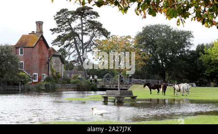 Beaulieu, New Forest Hampshire. 1 ottobre 2019. Regno Unito Meteo: inondazioni nel villaggio di Beaulieu nella nuova foresta dopo il fiume Beaulieu scoppiare le sue banche a marea alta. Credit Stuart Martin/Alamy Live News Foto Stock