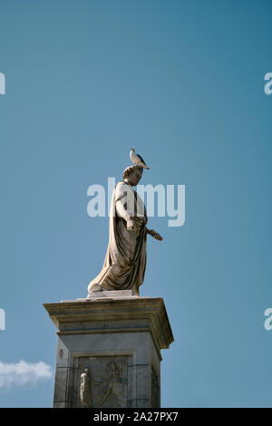 Un uccello appollaiato sulla testa della statua di Napoleone come Primo console in luogo Foch piazza in Ajaccio Corse du Sud Corsica Foto Stock