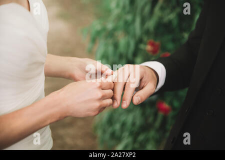 Close up. Il giovane lo scambio di loro anelli Foto Stock