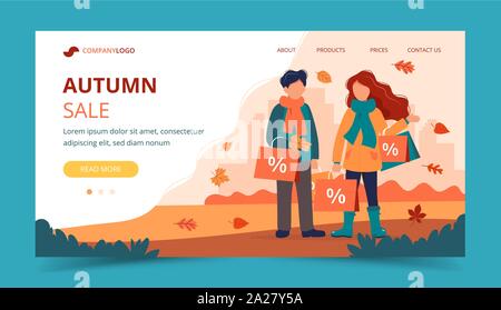 Uomo e donna con sacchetti di vendita in autunno. Landing page modello. Carino illustrazione vettoriale in stile appartamento. Illustrazione Vettoriale
