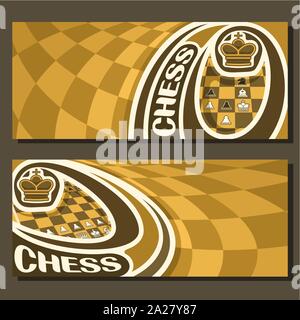 Banner di vettore per la partita a scacchi con copia spazio, nelle impaginazioni giallo e marrone scacchiera curvo piazze per il testo del titolo sul tema degli scacchi, carattere originale per Illustrazione Vettoriale