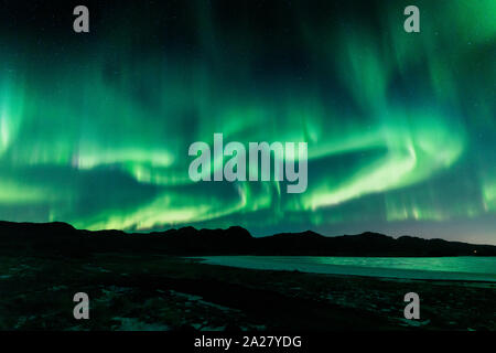 Aurora Boreale sopra il lago Kleifarvatn, Islanda Foto Stock