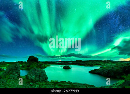 Aurora Boreale, Lago Myvatn, Islanda Foto Stock