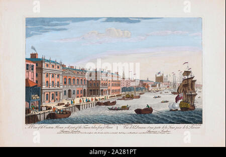 Una vista del Custom House con parte della torre, preso da voi il fiume Tamigi e Londra. Dopo una incisione datata 1753, da Thomas Bowles. Più tardi la colorazione. Foto Stock