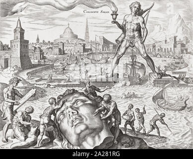Il Colosso di Rodi, come immaginato dal XVI secolo artista Maarten van Heemskerck. La statua del dio del sole Helios è detto di avere si fermò a 33 metri (108 piedi) alta. È annoverata tra le sette meraviglie del mondo antico. Foto Stock