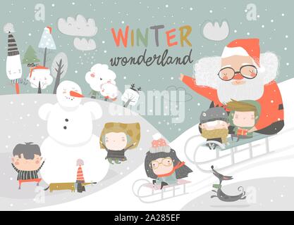 Felice simpatici ragazzi che giocano i giochi di inverno con Babbo Natale. Ciao inverno Illustrazione Vettoriale