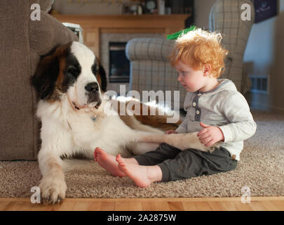 Il Toddler boy si siede sul pavimento accanto al big dog tenendo cane al piede Foto Stock
