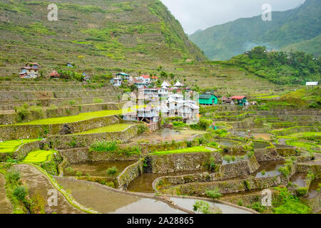 Villaggio Batad in primavera il riso stagione di semina, Banaue, Provincia di montagna, Cordillera Regione amministrativa, Filippine Foto Stock