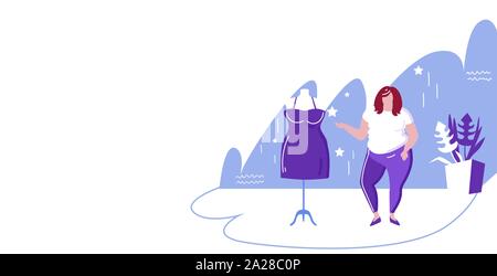 Grasso donna sovrappeso scegliendo nuovo abito in fashion shop over size girl visitando abbigliamento femminile mercato mall shopping boutique schizzo interno pieno Illustrazione Vettoriale