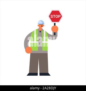 Builder maschio tenendo premuto stop chiusura o bloccaggio occupato operaio pongono permanente la costruzione industriale lavoratore in uniforme building concept flat full Illustrazione Vettoriale