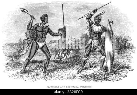 Una illustrazione di Matabele e Bechuana guerrieri in Sud Africa scansionati ad alta risoluzione da un libro di Robert Moffat stampato in 1842. Foto Stock