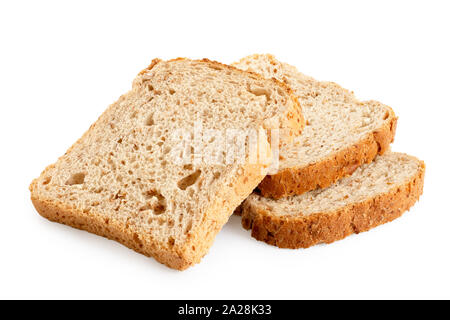 Tre fette di grano intero pane tostato isolato su bianco. Foto Stock