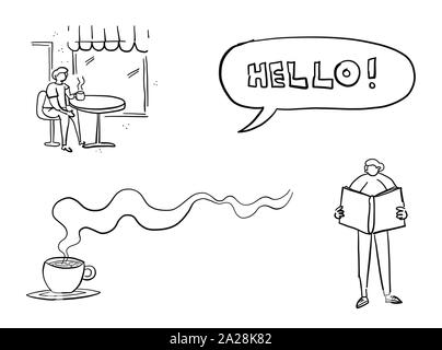 Quick del disegno a mano l'uomo e l'oggetto. Uomo seduto su cafe e di bere il tè o il caffè ciao nel discorso bolla, caffè o tè con squisita e odore Illustrazione Vettoriale