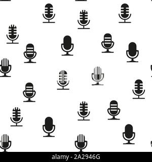 Nero icona microfono isolato seamless pattern su sfondo bianco. On air radio microfono MIC. Segno di altoparlanti. Illustrazione Vettoriale eps10 Illustrazione Vettoriale