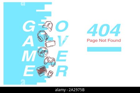 Pagina 404 con il concetto di Game Over, colore blu e Glitch gioco lineare Gadget icone - gamepad, cuffie, vr, mouse, coppa, elementi della tastiera. Illustrazione Vettoriale