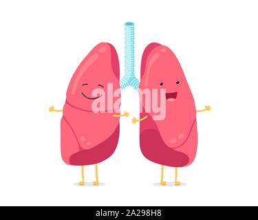 Simpatico personaggio dei polmoni divertente cartoon. Forte polmone sorridente. Sistema respiratorio umano mascotte per organi interni felici. Anatomia medica sana illusrtazione vettoriale piatta Illustrazione Vettoriale