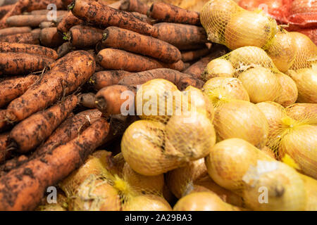 Le carote e le cipolle sul contatore al supermercato. Foto Stock
